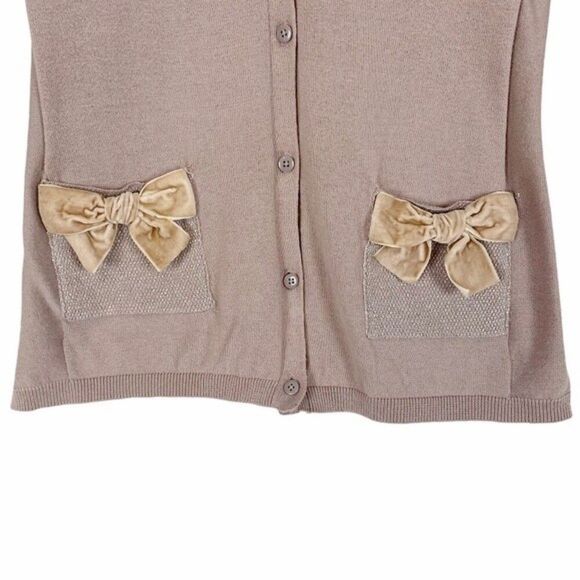 CAbi Taupe Cotton Knit Velvet Bow Silver Glitter Pocket Cardigan Sweater - Picture 2 of 9
